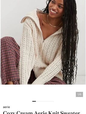 aerie Cream Knit Half-Zip V-Neck Sweater